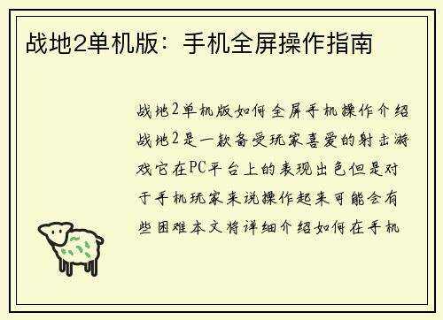 战地2单机版：手机全屏操作指南